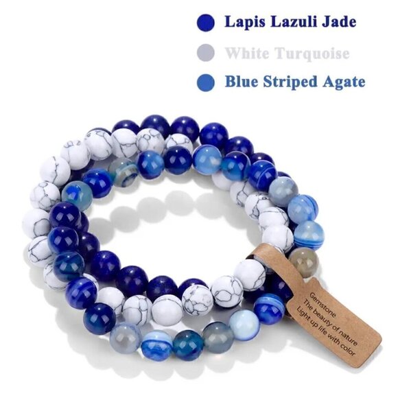 NWT Beaded Stretch Bracelets Set 3PCs Lapis Lazuli White Turquoise Agate - Picture 6 of 8